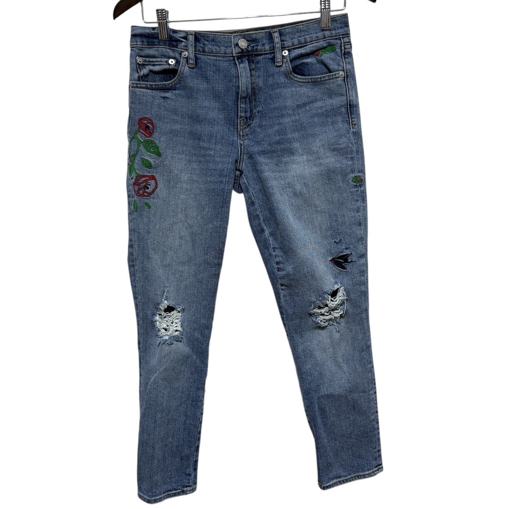 GAP Jeans Womens 27 Best Girlfriend Distressed Floral Embroidered Ankle Stretch